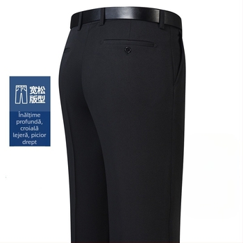 Pantaloni bărbați pentru afaceri, croială dreaptă, iarnă, amestec fibre chimice cu poliester, decor buzunar