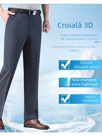 Pantaloni de vară pentru bărbați, croială dreaptă, detaliu buzunar, 35% conținut de in, stil business lejer, pentru bărbați în vârstă