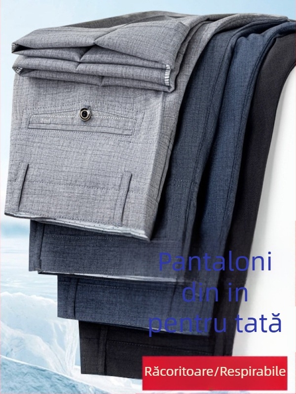 Pantaloni de vară pentru bărbați, croială dreaptă, detaliu buzunar, 35% conținut de in, stil business lejer, pentru bărbați în vârstă