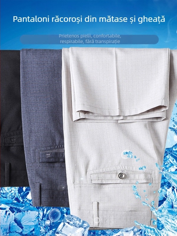 Pantaloni de vară pentru bărbați, croială dreaptă, detaliu buzunar, 35% conținut de in, stil business lejer, pentru bărbați în vârstă