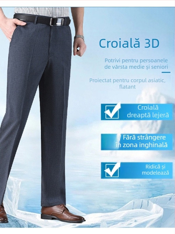 Pantaloni de vară pentru bărbați, croială dreaptă, detaliu buzunar, 35% conținut de in, stil business lejer, pentru bărbați în vârstă