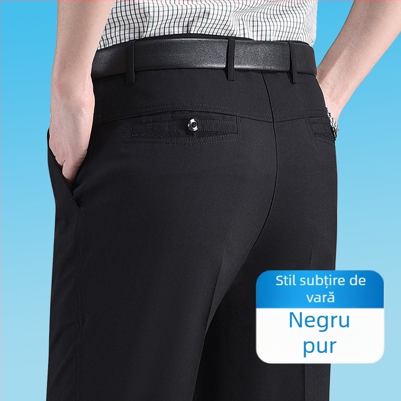 Pantaloni de vară pentru bărbați, croială dreaptă, detaliu buzunar, 35% conținut de in, stil business lejer, pentru bărbați în vârstă