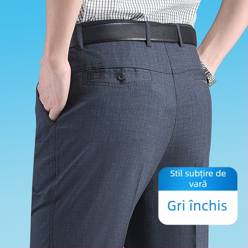 Pantaloni de vară pentru bărbați, croială dreaptă, detaliu buzunar, 35% conținut de in, stil business lejer, pentru bărbați în vârstă