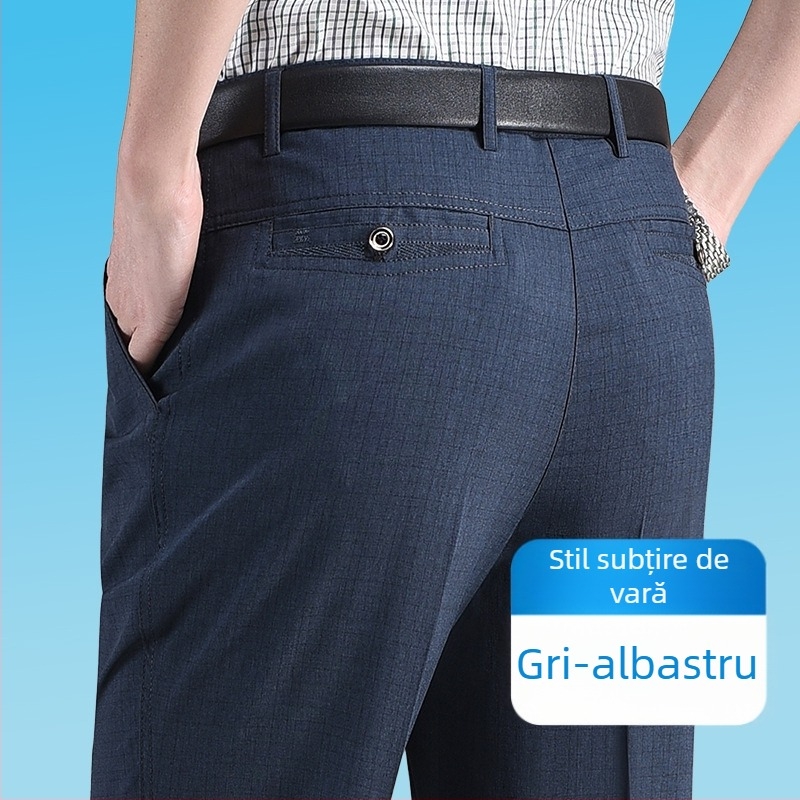 Pantaloni de vară pentru bărbați, croială dreaptă, detaliu buzunar, 35% conținut de in, stil business lejer, pentru bărbați în vârstă