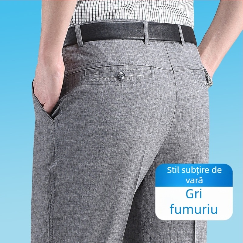 Pantaloni de vară pentru bărbați, croială dreaptă, detaliu buzunar, 35% conținut de in, stil business lejer, pentru bărbați în vârstă
