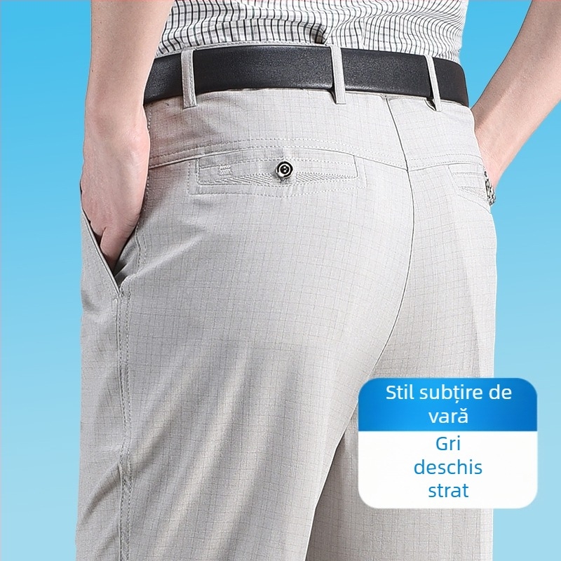 Pantaloni de vară pentru bărbați, croială dreaptă, detaliu buzunar, 35% conținut de in, stil business lejer, pentru bărbați în vârstă