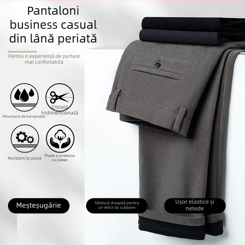 Pantaloni casual-business de iarnă pentru bărbați, croială dreaptă, talie medie, fermoar, material elastan