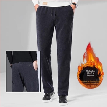 Pantaloni bărbați corduroy, stil business casual, croială dreaptă, căptușeală fleece, talie medie, închidere cu șnur