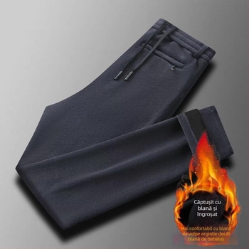 Pantaloni bărbați corduroy, stil business casual, croială dreaptă, căptușeală fleece, talie medie, închidere cu șnur