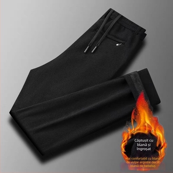 Pantaloni bărbați corduroy, stil business casual, croială dreaptă, căptușeală fleece, talie medie, închidere cu șnur