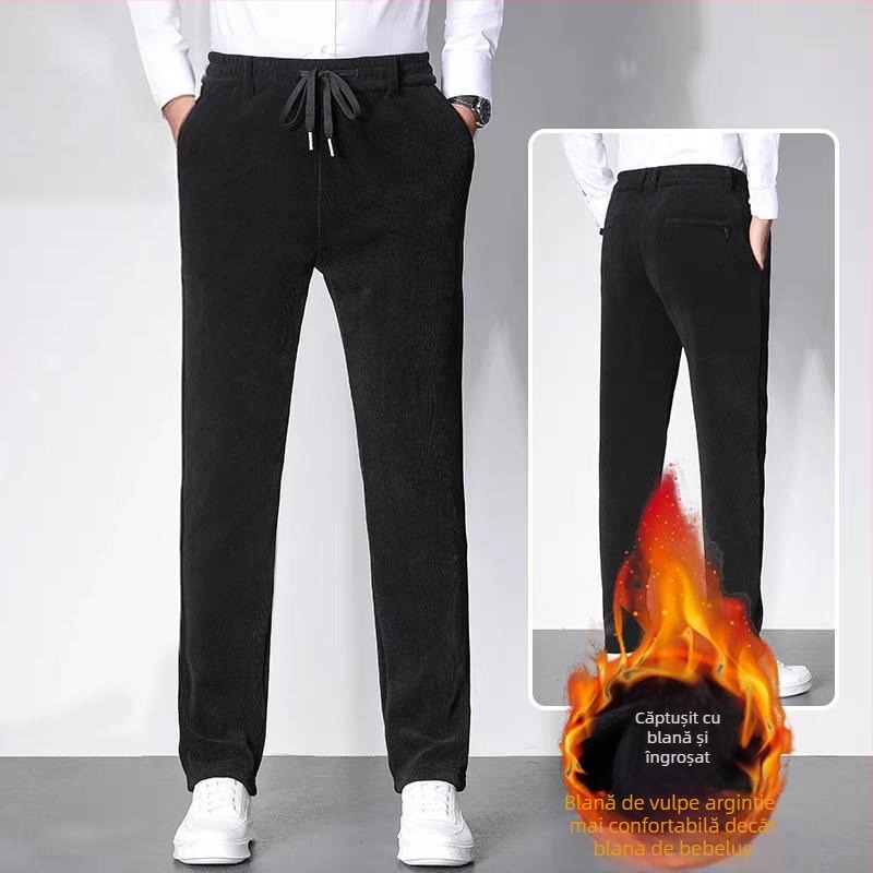 Pantaloni bărbați corduroy, stil business casual, croială dreaptă, căptușeală fleece, talie medie, închidere cu șnur