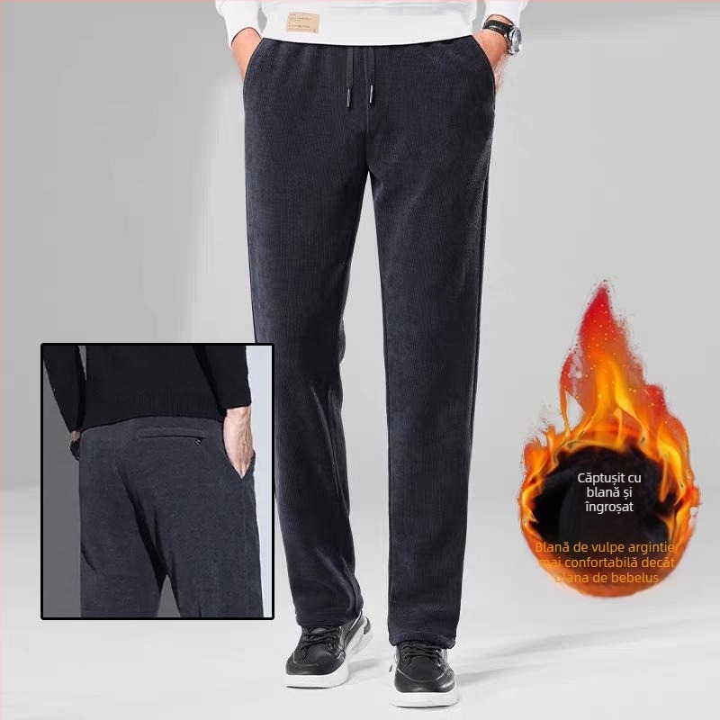 Pantaloni bărbați corduroy, stil business casual, croială dreaptă, căptușeală fleece, talie medie, închidere cu șnur