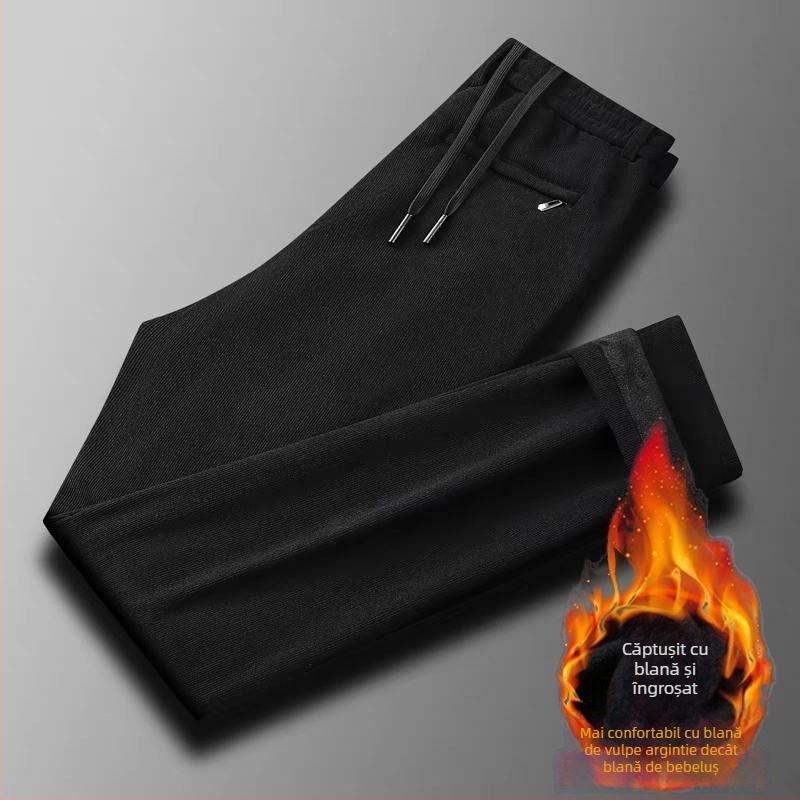 Pantaloni bărbați corduroy, stil business casual, croială dreaptă, căptușeală fleece, talie medie, închidere cu șnur
