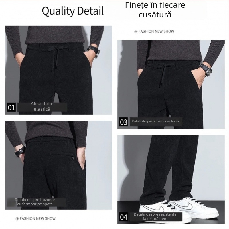 Pantaloni bărbați corduroy, stil business casual, croială dreaptă, căptușeală fleece, talie medie, închidere cu șnur
