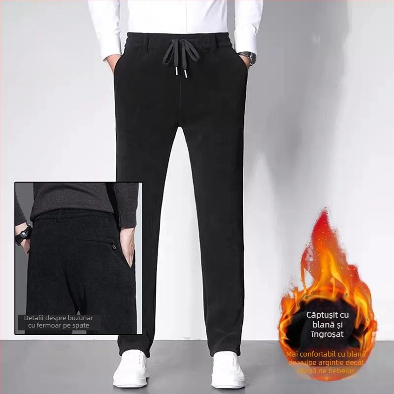 Pantaloni bărbați corduroy, stil business casual, croială dreaptă, căptușeală fleece, talie medie, închidere cu șnur