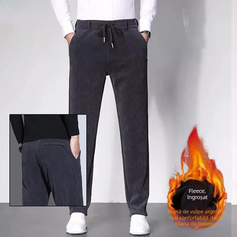Pantaloni bărbați corduroy, stil business casual, croială dreaptă, căptușeală fleece, talie medie, închidere cu șnur