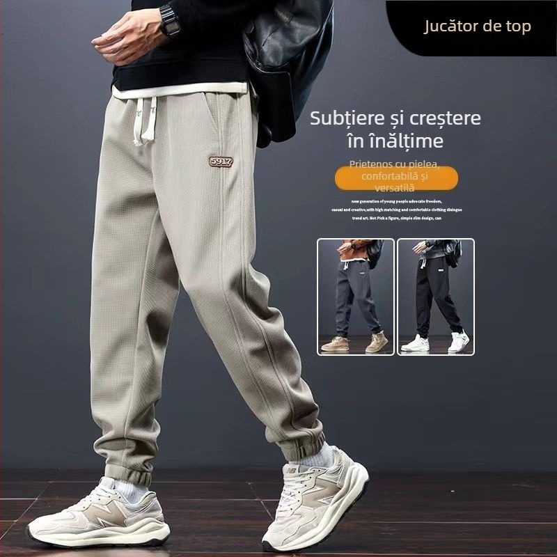 Pantaloni casual pentru bărbați, talie medie, croială dreaptă, închidere cu șnur, material poliester, microelastic