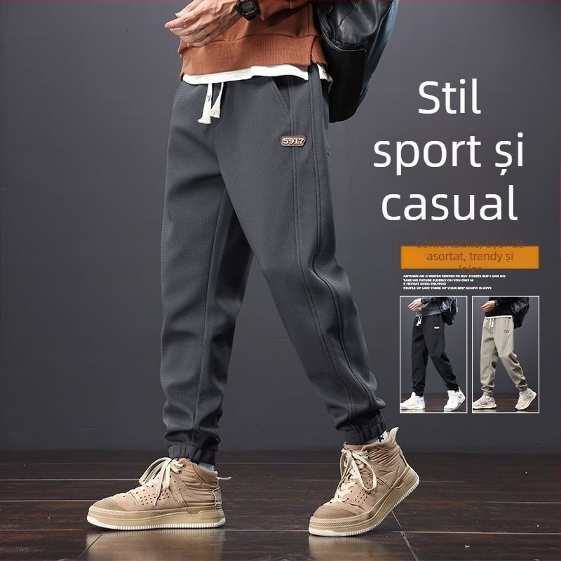 Pantaloni casual pentru bărbați, talie medie, croială dreaptă, închidere cu șnur, material poliester, microelastic
