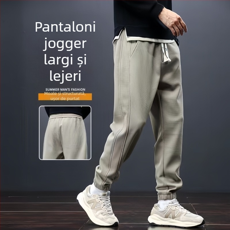 Pantaloni casual pentru bărbați, talie medie, croială dreaptă, închidere cu șnur, material poliester, microelastic