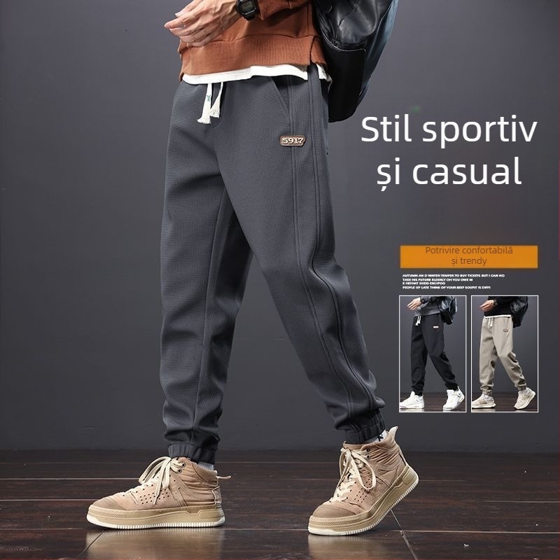 Pantaloni casual pentru bărbați, talie medie, croială dreaptă, închidere cu șnur, material poliester, microelastic