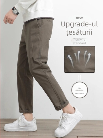 Pantaloni casual drept pentru bărbați, 97% bumbac, 3% elastan, talie medie-înaltă, fermoar, drept croi, pentru primăvară-toamnă