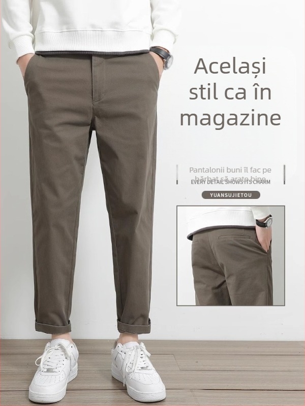 Pantaloni casual drept pentru bărbați, 97% bumbac, 3% elastan, talie medie-înaltă, fermoar, drept croi, pentru primăvară-toamnă