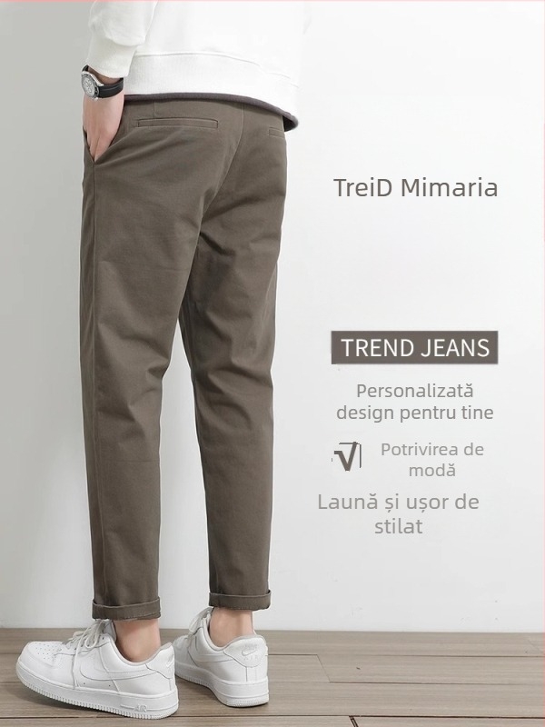 Pantaloni casual drept pentru bărbați, 97% bumbac, 3% elastan, talie medie-înaltă, fermoar, drept croi, pentru primăvară-toamnă