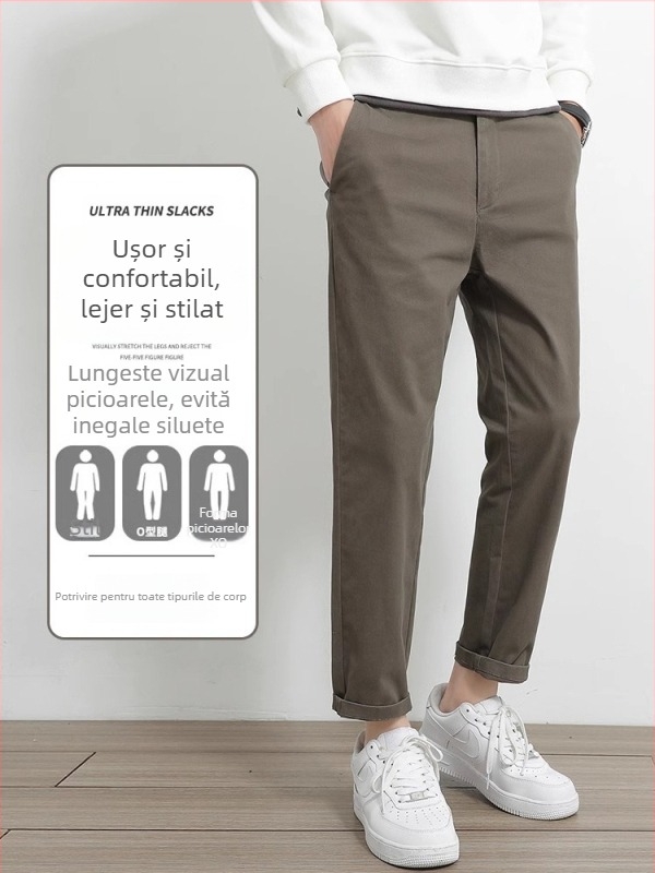 Pantaloni casual drept pentru bărbați, 97% bumbac, 3% elastan, talie medie-înaltă, fermoar, drept croi, pentru primăvară-toamnă