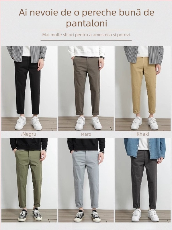 Pantaloni casual drept pentru bărbați, 97% bumbac, 3% elastan, talie medie-înaltă, fermoar, drept croi, pentru primăvară-toamnă