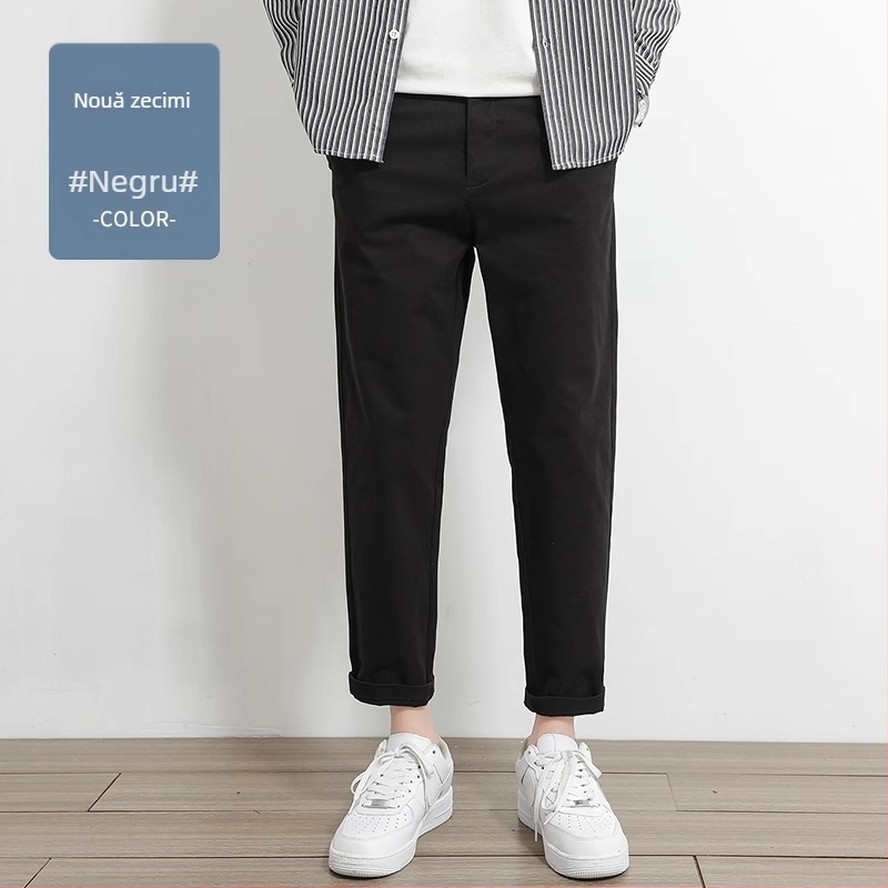 Pantaloni casual drept pentru bărbați, 97% bumbac, 3% elastan, talie medie-înaltă, fermoar, drept croi, pentru primăvară-toamnă