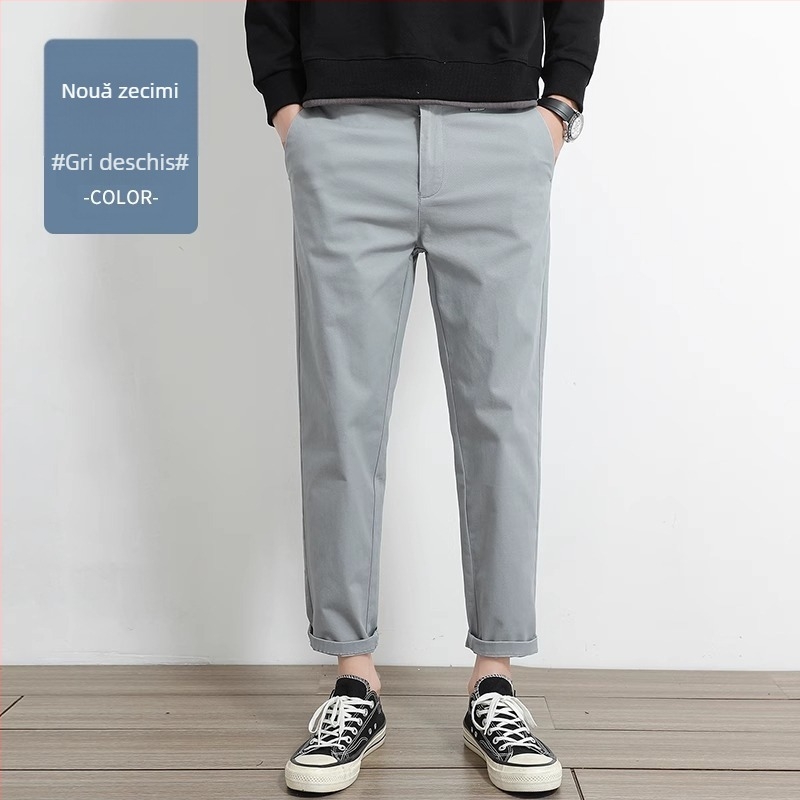 Pantaloni casual drept pentru bărbați, 97% bumbac, 3% elastan, talie medie-înaltă, fermoar, drept croi, pentru primăvară-toamnă