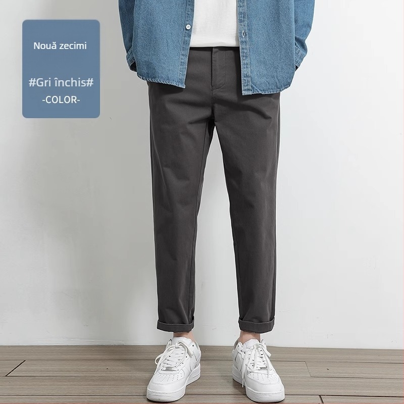 Pantaloni casual drept pentru bărbați, 97% bumbac, 3% elastan, talie medie-înaltă, fermoar, drept croi, pentru primăvară-toamnă