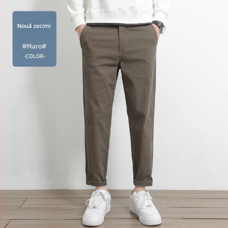 Pantaloni casual drept pentru bărbați, 97% bumbac, 3% elastan, talie medie-înaltă, fermoar, drept croi, pentru primăvară-toamnă