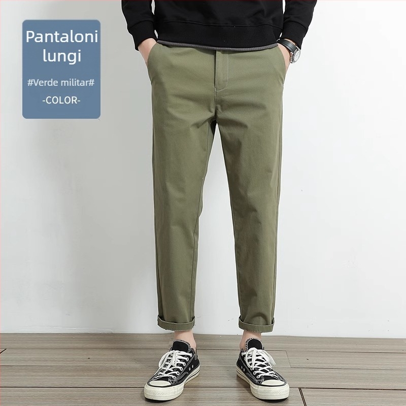 Pantaloni casual drept pentru bărbați, 97% bumbac, 3% elastan, talie medie-înaltă, fermoar, drept croi, pentru primăvară-toamnă