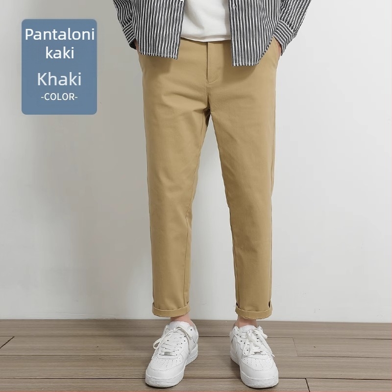 Pantaloni casual drept pentru bărbați, 97% bumbac, 3% elastan, talie medie-înaltă, fermoar, drept croi, pentru primăvară-toamnă