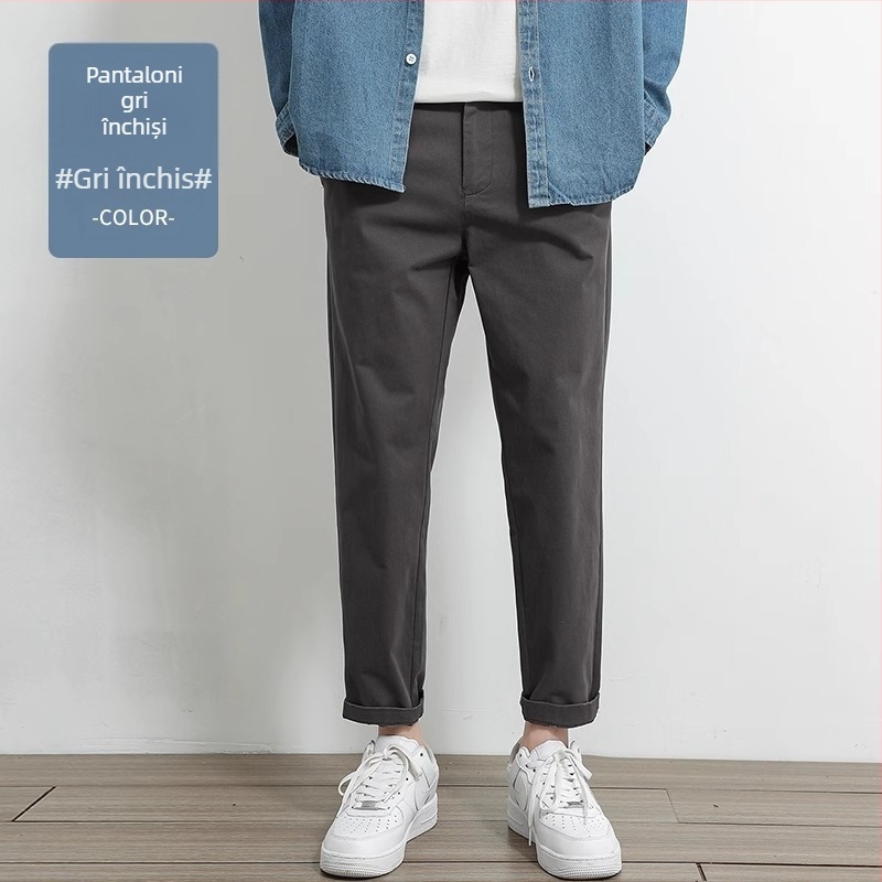 Pantaloni casual drept pentru bărbați, 97% bumbac, 3% elastan, talie medie-înaltă, fermoar, drept croi, pentru primăvară-toamnă