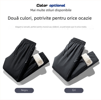 Pantaloni de iarnă pentru bărbați, căptușiți cu fleece, croială lejeră, talie medie, închidere cu șiret, material rezistent la apă și vânt