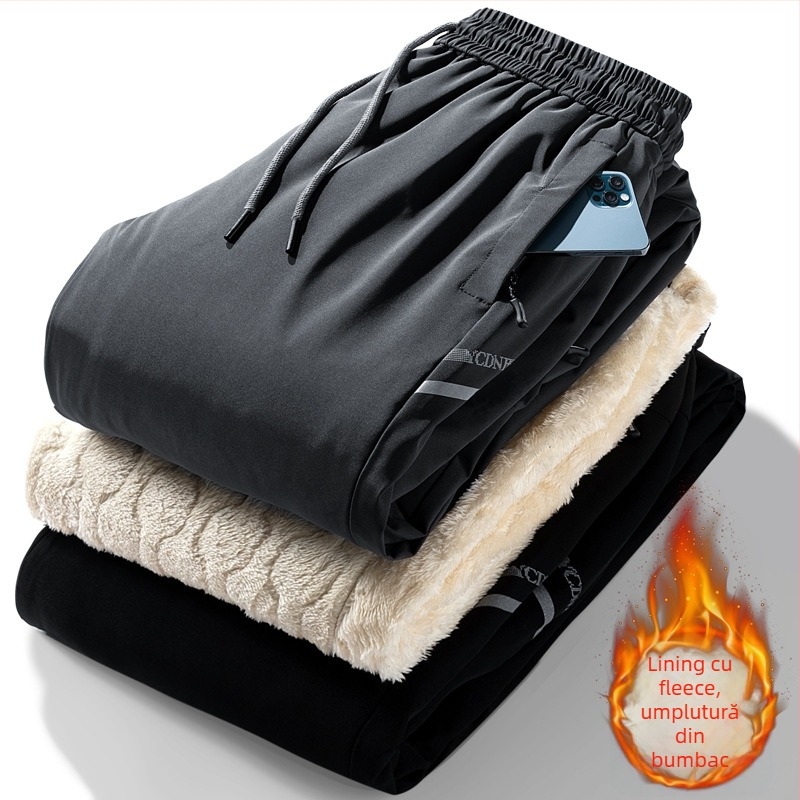Pantaloni de iarnă pentru bărbați, căptușiți cu fleece, croială lejeră, talie medie, închidere cu șiret, material rezistent la apă și vânt
