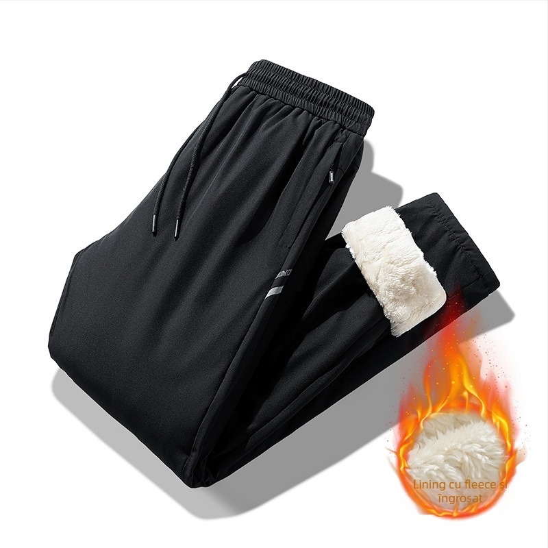 Pantaloni de iarnă pentru bărbați, căptușiți cu fleece, croială lejeră, talie medie, închidere cu șiret, material rezistent la apă și vânt