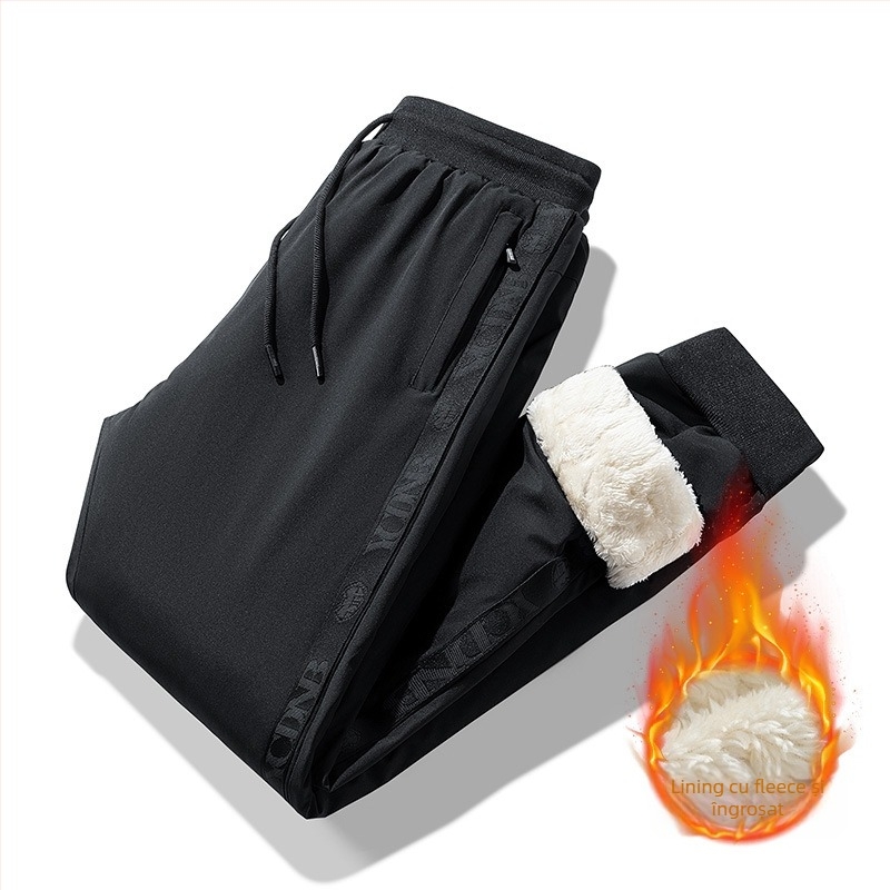 Pantaloni de iarnă pentru bărbați, căptușiți cu fleece, croială lejeră, talie medie, închidere cu șiret, material rezistent la apă și vânt