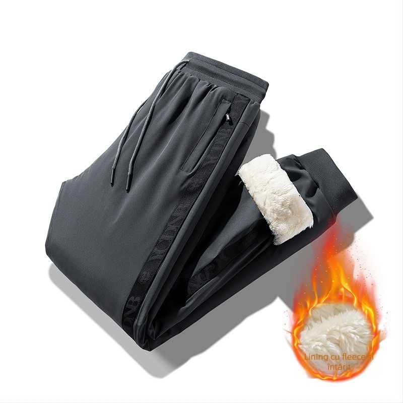 Pantaloni de iarnă pentru bărbați, căptușiți cu fleece, croială lejeră, talie medie, închidere cu șiret, material rezistent la apă și vânt