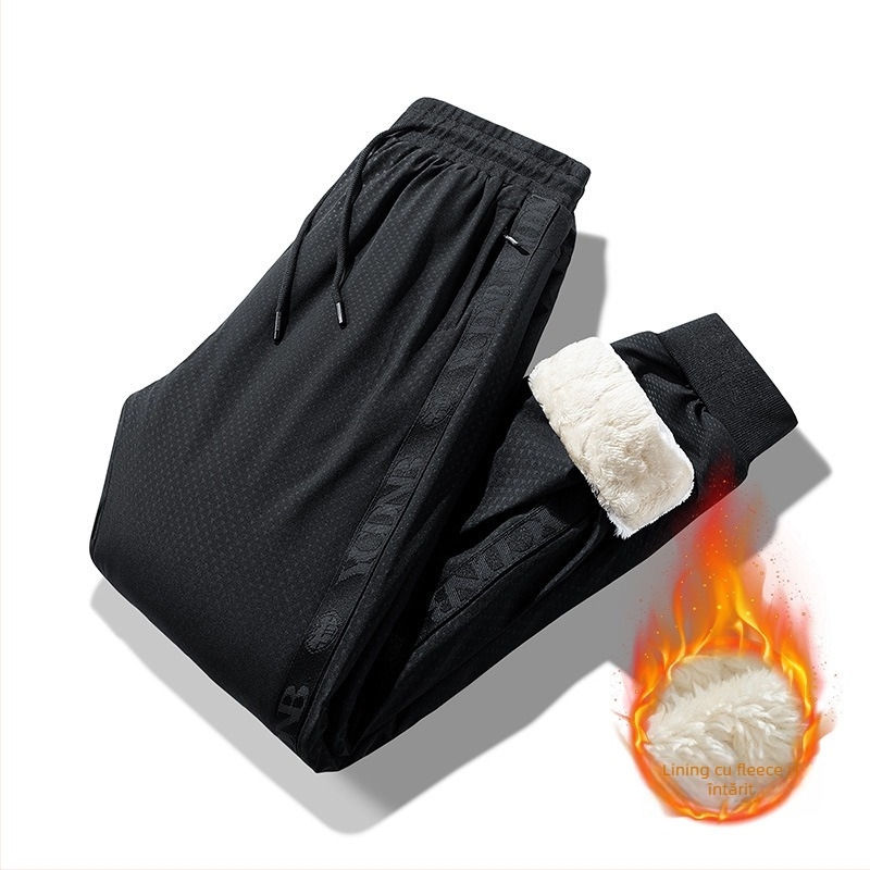 Pantaloni de iarnă pentru bărbați, căptușiți cu fleece, croială lejeră, talie medie, închidere cu șiret, material rezistent la apă și vânt