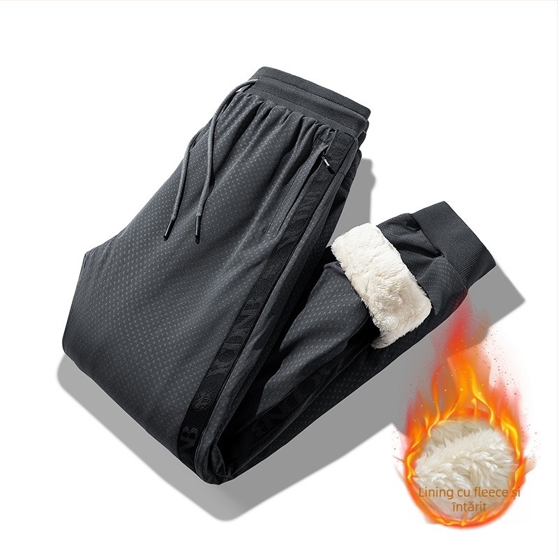 Pantaloni de iarnă pentru bărbați, căptușiți cu fleece, croială lejeră, talie medie, închidere cu șiret, material rezistent la apă și vânt