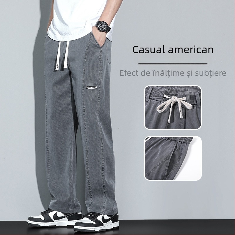 Pantaloni Lyocell pentru zi cu zi – croială dreaptă relaxată, picioare largi, talie medie, închidere cu șnur, țesătură răcoroasă