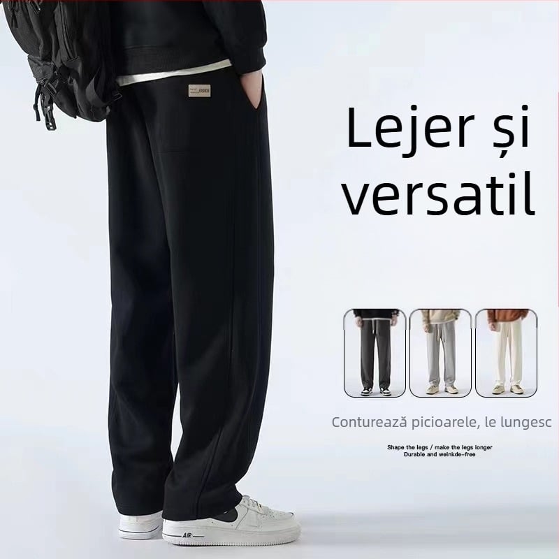 Pantaloni bărbați cu căptușeală de fleece, amestec de bumbac, stil Hong Kong, largi, talie medie cu curea și închidere cu șnur, croială dreaptă