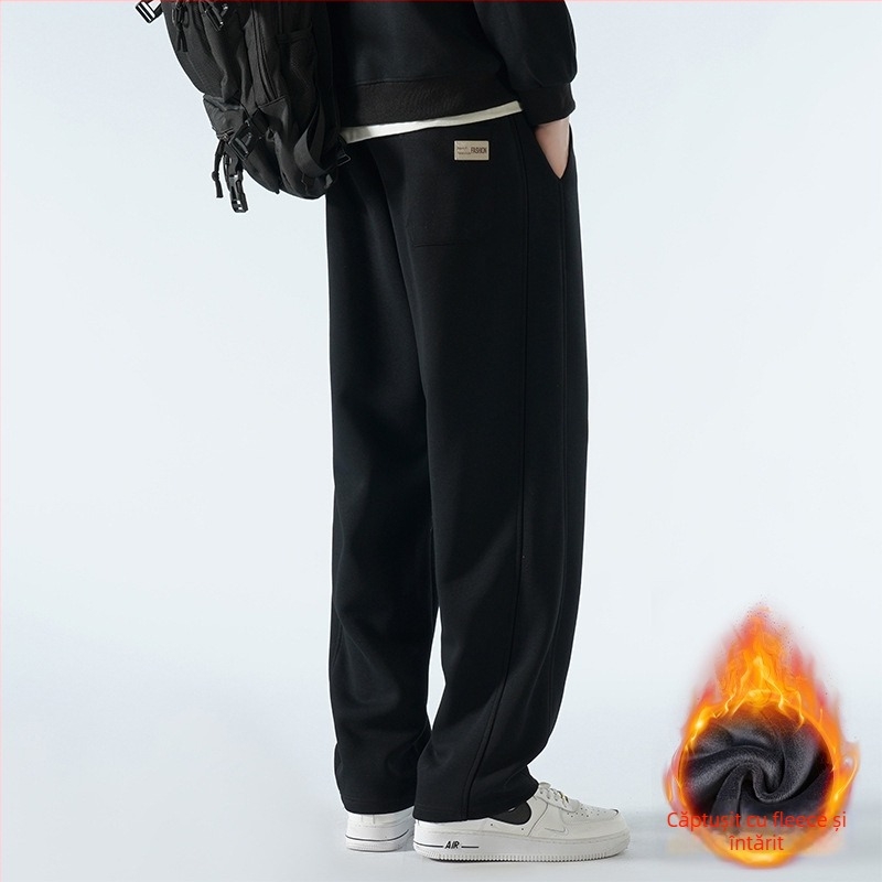 Pantaloni bărbați cu căptușeală de fleece, amestec de bumbac, stil Hong Kong, largi, talie medie cu curea și închidere cu șnur, croială dreaptă