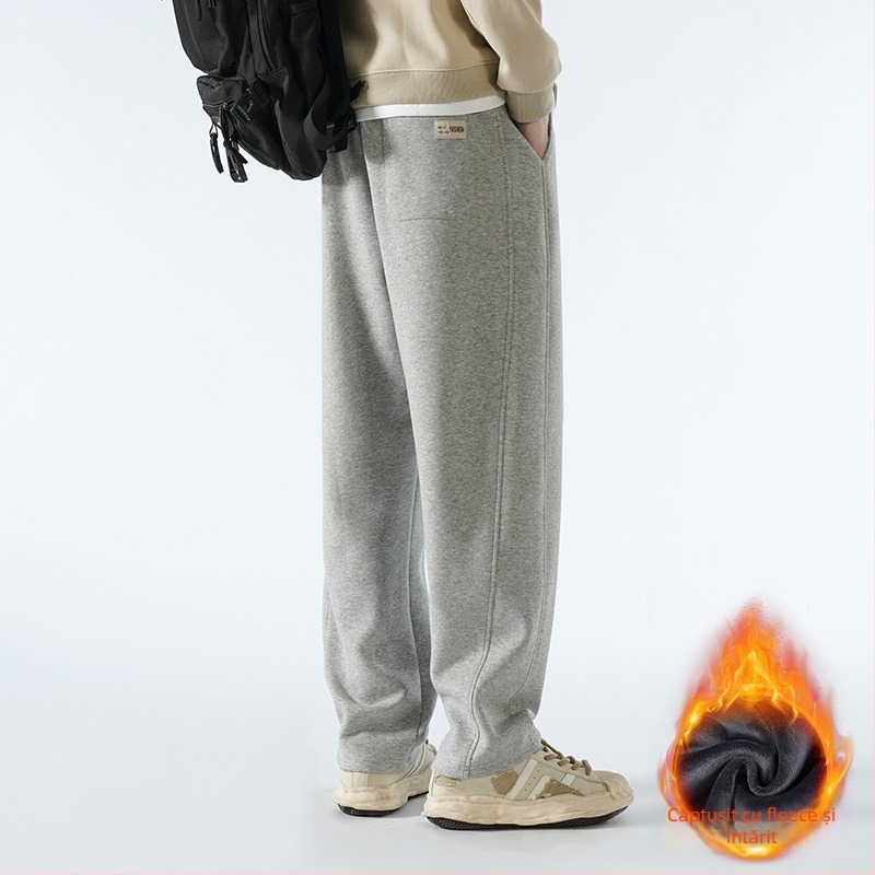 Pantaloni bărbați cu căptușeală de fleece, amestec de bumbac, stil Hong Kong, largi, talie medie cu curea și închidere cu șnur, croială dreaptă