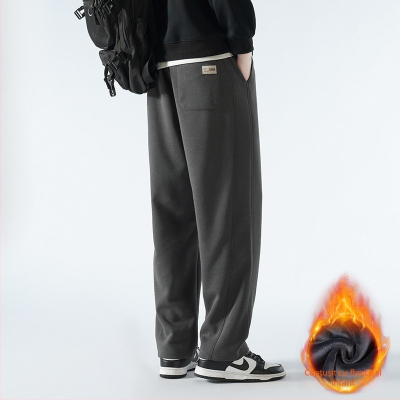 Pantaloni bărbați cu căptușeală de fleece, amestec de bumbac, stil Hong Kong, largi, talie medie cu curea și închidere cu șnur, croială dreaptă