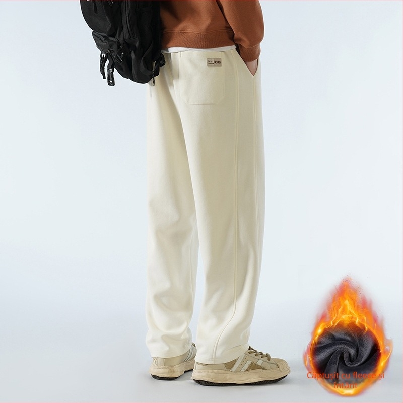 Pantaloni bărbați cu căptușeală de fleece, amestec de bumbac, stil Hong Kong, largi, talie medie cu curea și închidere cu șnur, croială dreaptă