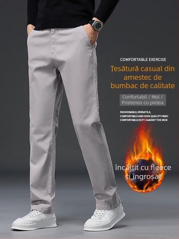 Pantaloni casual bărbați din bumbac, căptușiți cu fleece, talie înaltă, croială dreaptă, fermoar, multe buzunare, pentru iarnă